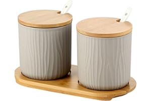 OnePine Set di 2 Zuccheriera, Zuccheriera in Ceramica Rotonda con Coperchio e Cucchiaio, Design Elegante, per Casa e Cucina