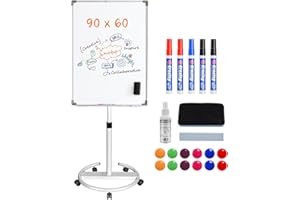 SHMSHNG Flipchart Ständer, 90x60cm Flipcharts Whiteboard mit Haken Verschieben Flipchart Papier, Höhenverstellbar, Trocken Abwischbar Magnetische, 1 Radierer 5 Markern und 12 Magneten für Schule Büro Zuhause