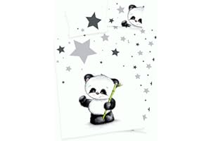ARLE-LIVING 3-Piece Set. Baby Bed Linen Reversible Panda Motif, renforcé 100 x 135 cm, 40 x 60 cm, 1 Fitted Sheet 70 x 140 cm