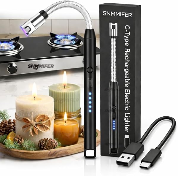 SNMMIFER Electric Lighter, USB C-Type Rechargeable, 360° Flexible Neck, Windproof, for Kitchen Gas Stove, Candles, Pooja, Black