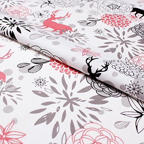 Stoff Meterware, Hirsch, Blumen, Pink, Baumwolle, schadstoffgeprüft, Bekleidungsstoff, Bettwäschestoff, Dekostoff, Dekoration, Weihnachtsstoff, Hirschstoff, Blumenstoff, Wild, Blümchen