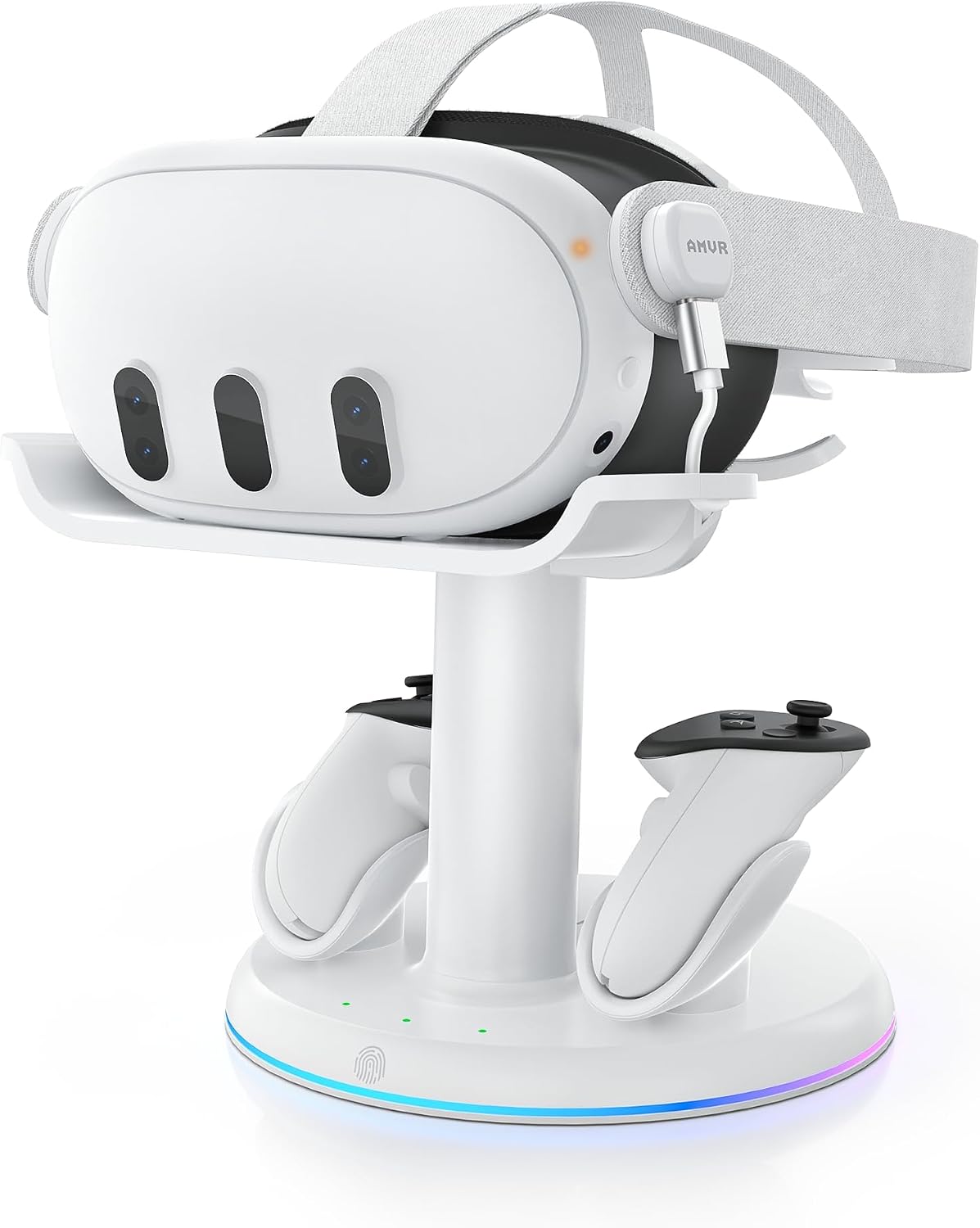 AMVR Base de carga RGB compatible con accesorios Meta Quest 3/Quest 3S, estación de carga rápida de 30 W con hub de alimentación USB-C, 2 baterías recargables de controladores (sin adaptador de carga)
