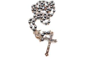 Nazareth Store Rosario de hematita unisex para adultos, collar de cuentas de piedra negra con tierra sagrada de Jerusalén y cruz, colección de rosarios religiosos antiguos, Piedra