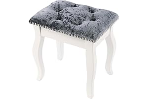QIVANGE Velvet Dressing Table Stool, Vintage Vanity Stool Chair for Bedroom Dressing Table, 24D Padded Cushion Makeup Chair 40cm(Length) x 30cm(Width) x 45cm(Height) (White Wood Legs)