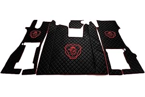 Kram-Truck Alfombrilla Para El Coche, Conjunto, Compatible Con SCANIA R2017 (Nueva Generación), Para Asiento Fijo De Pasajero, Espuma De 10 mm, Para Caja De Cambios Automática, Negro Con Bordado Rojo
