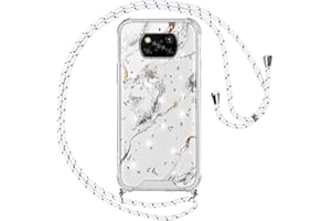 Vauki Funda Xiaomi Poco X3 NFC/X3/X3 Pro Movil con Cuerda,Colgar Carcasa Marmol Glitter Silicona Colgante Collar Correa,Silicona PC Bumper Antigolpes Case con para Xiaomi Poco X3 NFC/X3 Pro,Blanca