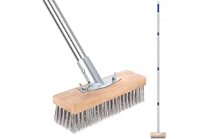 VIEINKAUFEN Wire Broom with Telescopic Handle, 63 Inch Stainless Steel Wire Broom Stiff Metal Bristle Brush for for Removing Weed Moss, Outdoor Floor Scrub Brush for Patio, Deck, Garden