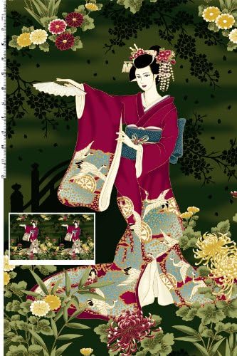 Geisha Hana Bashi Dark Green Panel Cotton Quilting Fabric - 60cm x 110cm