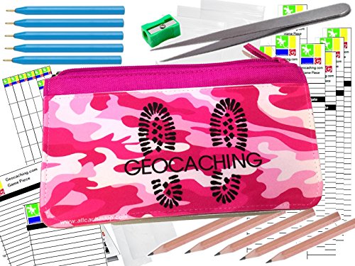 AllCachedUp Geocaching RED Essentials Kit with Log Sheets, Books, Bags, Pens, Pencils & Tweezers