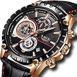 Dayllon Herren Uhr Analog Quarz Chronograph Sport mit Leder Armband (Gold)