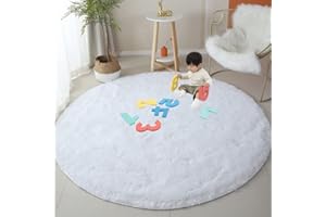 OMGREAT White Round Rug, 180cm Fluffy Plush Carpet for Bedroom, Nursery & Teen's Room