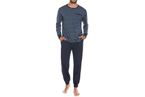 Sykooria Herren Schlafanzug lang mit Bündchen aus Baumwolle Zweiteiliger Pyjama Herren lang, Langarm Shirt & Schlafanzughose
