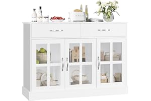 ‎FIRFURD FirFurd Szafka kuchenna, kredens z 3 szklanymi drzwiami i 2 szufladami, szafka bufetowa, drewniana szafka do przechowywania, do salonu, jadalni, korytarza, 120 x 84 x 40 cm