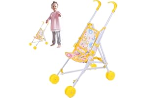 Veesper Baby Dolls Pram, Foldable Portable Doll Toy Pram with T-shaped Safety Belt & Push Handle Detachable Washable Baby Dolls Pushchair for Girls, Pretend Play, Yellow