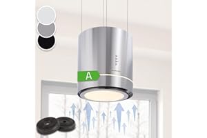 Klarstein Tron Ambience Island Cooker Hood - Kitchen Extractor Fan, Extractor Hood, 38 x 45 cm (ØxW) / 60 cm Suspension, Recirculation in 3 Stages, 540 m³/h, LED Lighting, EEC A, Silver