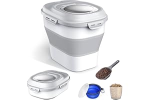 Etievort Contenitore Crocchette Cane 12KG, Porta Crocchette per Cani, Contenitore Cibo Cani, Contenitore Crocchette Gatto con Misurino e Pala, Ciotole pieghevoli, Grigio