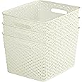 Curver My Style Rattan Effect Set of 3 Kitchen, Living room, Bathroom, Bedroom, Utility Large Rectangular Storage Baskets 18 Litres - White