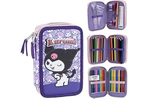 Hello Kitty Kuromi Dubbelpenna Flicka och Pojke - Skolpennfodral med tillbehör, 3 fack med dragkedja och brevpappersset, lila, en storlek, tillbaka till skolan