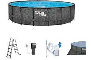 Summer Waves Frame Pool Komplettset | Rund 488x122 cm Rattanoptik Grau | Aufstellpool Set | Gartenpool & Schwimmbecken inkl. Filterpumpe, Einstiegsleiter, Abdeckplane, Bodenvlies & Reinigungsset