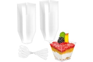 Newaner 50 pièces 2oz/60 ml tasses coupes gobelets à dessert avec cuillères plastique,verrines réutilisables transparents Carrés pour pudding, mousse, crème glacée, anniversaire, mariages