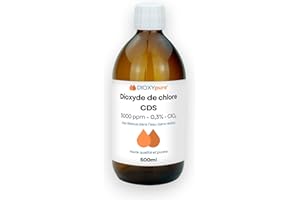 DIOXYPURE Dioxyde de Chlore - CDS - 3000 ppm - Gaz dissous dans l'eau (sans résidu) - 500 ML - Sans conservateurs ni substances ajoutées - Désinfectant - Qualité supérieure - Ultra Pure