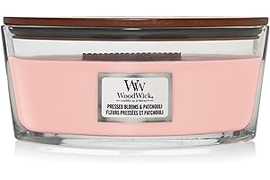 Woodwick Świeca zapachowa Ellipse z trzeszczącym knotem, prasowane kwiaty i paczula, czas palenia do 50 godzin