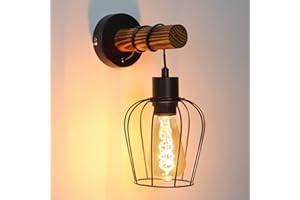 ZMH Kinkiet wewnętrzny drewniany kinkiet vintage retro z przełącznikiem, industrialny design, E27, reflektor ścienny, czarny, z 1 żarówką, z metalu, lampa punktowa do sypialni, salonu, korytarza,