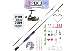 ‎RIGGED & READY TRAVEL FISHING Rigged and Ready K-Fish Angelrute und Rolle Combo Set mit Schnur, Köder & Zubehör + Angelführung, 1,8 m Fischrutenkombination, Salzwasser, Süßwasser, Spinnköder, Barsch