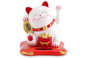 CYRANK Lucky Cat, Mini estatua de gato japonés Maneki Neko con brazo ondeante alimentado por energía solar para la decoración del salpicadero del coche en casa(blanco)