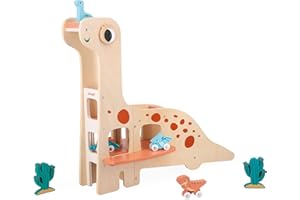 Janod - Diplodocus-Parkhaus für Kinder - 4 Dinos zum Schieben, 2 Kakteen - Fördert Feinmotorik - Spielzeug aus FSC-Holz - Ab 24 Monate, J05835