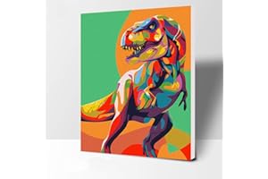 Elftoyer Paint by Numbers for Kids & Adults & Beginner, DIY Canvas Painting Gift Kits for Home Decoration - Colorful Dinosaurs 12 x 16 inch (Wooden Frame)