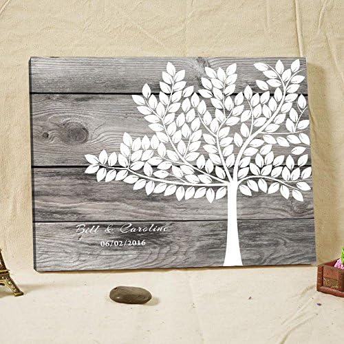 Grey Guestbook Wedding Tree Rustic Wood Guest Book Alternative Canvas Name Personalized Framed Memory Book for 150 Guests Sign Wedding Favors