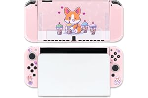 BelugaDesign Etui z motywem psa boba, uroczy kawaii, pies, bąbelkowa, herbata, pastelowa Corgi, pokrowiec ze zwierzątkiem, zatrzaskowa obudowa kompatybilna z Nintendo Switch OLED (Switch OLED, różowe)