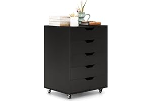 COSTWAY Kontener na kółkach z 5 szufladami, mobilna szafka na dokumenty z kółkami, kontener biurowy, szafka z szufladami, szafka na kółkach, komoda z szufladami do domu, biura (czarny)
