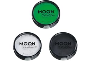 Moon Creations Maquillaje facial y corporal profesional, 36g, Pintura de color profesional para pintar la cara, Pintura facial para niños,adultos,disfraces,festivales Verde brillante, blanco, negro