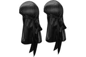 Century Star Satin Silk Head Wrap Durag Long Tail Beanies for Men Women Headwraps Cap, 2pcs Black&black, One Size