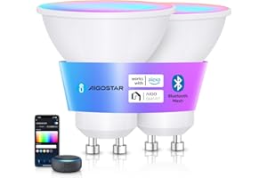 Aigostar Mesh- Bombilla inteligente Bluetooth Mesh, GU10. 2700K-6500K y RGB regulable, 6.5W, 555 lumens. Bombilla LED inteligente compatible con Alexa y Google Home. 2Uds