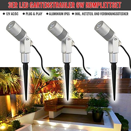 Vbled® Garden Light Complete Set of 3 Garden Light Outdoor Spotlight Spike Outdoor Spotlight IP65 12 V Complete Set with Power Supply and Connector Modern 6W Warmweiss