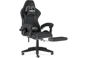bigzzia - Sedia da gaming, ergonomica, per gamer, con cuscino lombare e poggiatesta, regolabile in altezza, sedia per computer, per ufficio, per adulti, ragazze e ragazzi (Con poggiapiedi, nero)