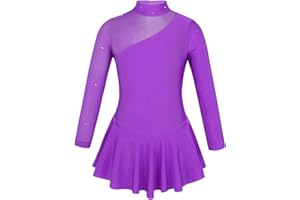 TiaoBug Enfant Fille Justaucorps de Gymnastique Ballet Robe Danse à Strass Manche Longue Robe Patinage Artistique Robe Sport Latine Body Yoga Dancewear 4-16 Ans