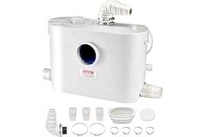 VEVOR 900 W Bomba Trituradora para Inodoro con 4 Entradas de Agua, Caudal de 48 GPM, Altura de 12 m, Máquina de Descarga Ascendente para Eliminación de Aguas Residuales para Inodoro, Lavabo y Bañera