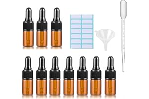 SKYPRO Braunglas-Tropfflaschen mit schwarzen Kappen, gemessener Pipette, Trichter und Etiketten, 2 ml Glasflaschen für ätherische Öle, nachfüllbar, 10 Stück
