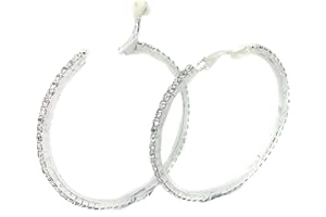 CAPRILITE 5.5cm CLIP ON Diamante CRYSTAL Rhinestone BIG Silver HOOP EARRINGS CZ Cushion