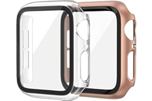 EDIMENS 2 Pack Hard PC Case Compatible with Apple Watch 44mm Series 6 / SE / 5/4 Women Men, Overall PC Case Slim Tempered Glass Screen Protector Protective Cover for Apple iWatch 44mm SE Rose Clear