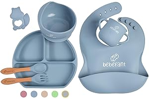 Baby Weaning Set by Bebefant™, Suction Bowl, Suction Plate Baby, Cup, Adjustable Bib with Pocket, Bamboo Fork & Spoon for Baby Led Weaning, Baby Feeding Set (Blue)