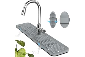 AhhaLife Protector contra salpicaduras de silicona con cepillo limpio, alfombrilla larga y gruesa para fregadero, bandeja de goteo con mango de grifo de silicona grande para cocina,Gris
