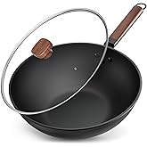 Jobin 33cm/5.6L Non Stick Wok with Lid Carbon Steel Frying Pan No Chemical Coated and Large Capacity for Cook Asian Dishes fo