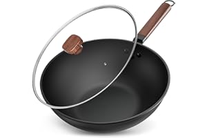 Jobin 33cm/5.6L Non Stick Wok with Lid Carbon Steel Frying Pan No Chemical Coated and Large Capacity for Cook Asian Dishes for 4-6 People, Ideal for Induction, Gas, All Hobs