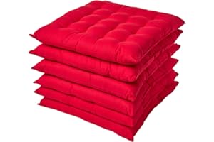 ‎HOMESCAPES Homescapes 6er Set Stuhlkissen 40 x 40 cm, rot, Sitzkissen mit Bändern und Knopfverschluss, einfarbige Auflagen für Stühle mit Bezug aus 100% Baumwolle und weicher Polyester-Füllung