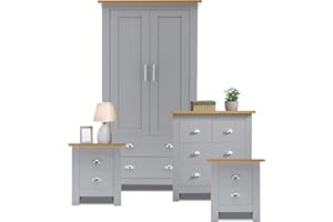 Blisswood 4 Piece Bedroom furniture Set With 2 Door wardrobe & 2+2 Drawer Chest of Drawer And 2x (2 Drawer Bedside Cabinet) Bedroom Storage Furniture For Bedroom (Grey)